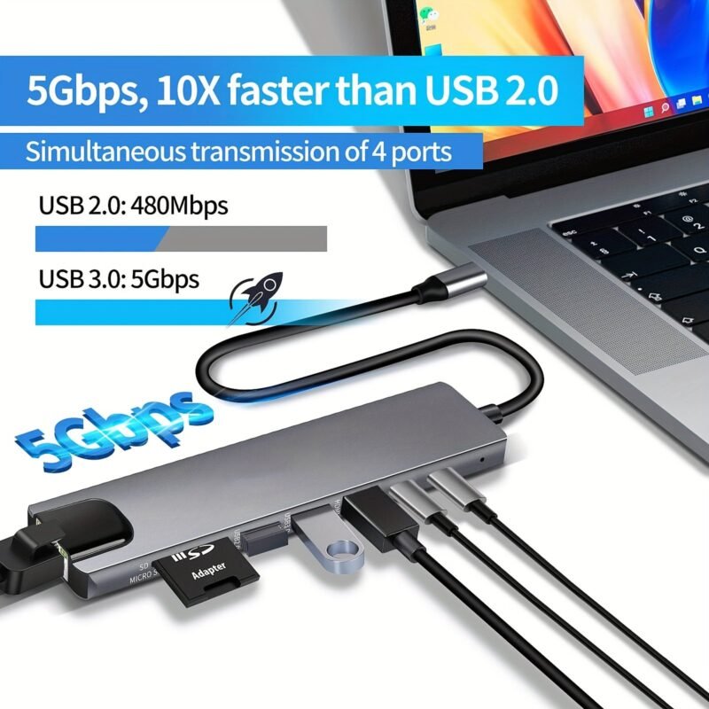 8-in-1 USB-C Hub with 4K HDMI, Ethernet, SD/TF, and PD Charging - For MacBook & Windows Laptops - Image 7