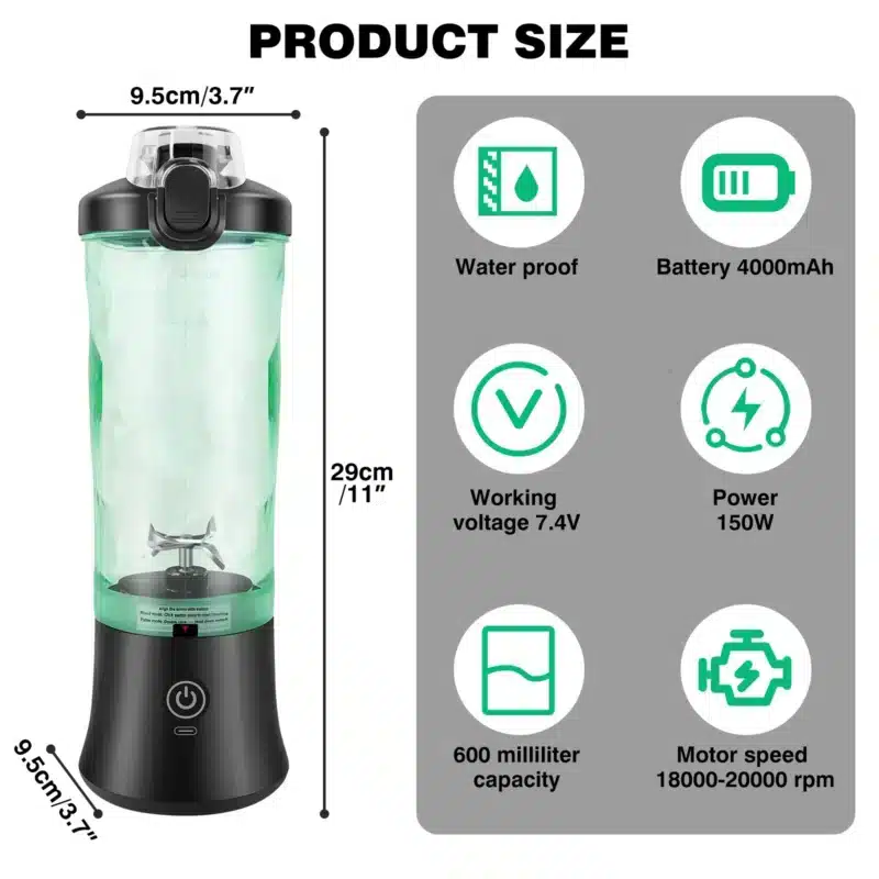 600ml Portable Smoothie Blender, USB Rechargeable Mini Blender for Travel, Powerful Ice Crushing & Large Capacity - Image 2