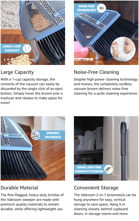 Cordless vacuum broom highlighting no-bend design and edge-sweeping feature