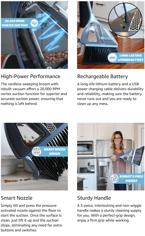 cordless vacuum broom showing smart cleaning modes and dust bin integration